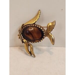 Vintage Gold Tone Fish Brooch with Dark Amber Glass Belly & Eye Stone 1.75"